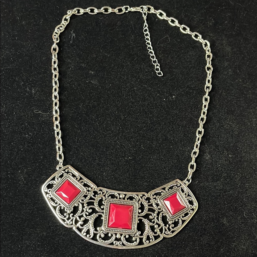 Red And Silver Statement Necklace With Intricate … - image 3